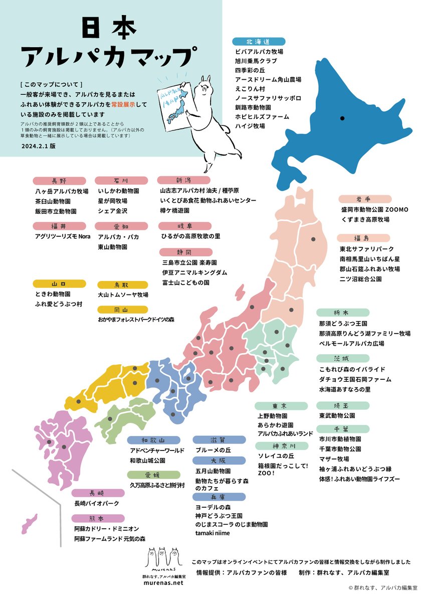 murenas_alpaca's tweet photo. アルパカはここにいる！
日本アルパカマップを更新しました

みなさまのアルパカ活動にお役立てください
常設ではないけれど期間限定でいる施設はWEBのリスト版に載せています

ぜひ会いに行ってくださいね！
https://t.co/PVzKKavp0Z

#アルパカ https://t.co/DtThmmWLkl