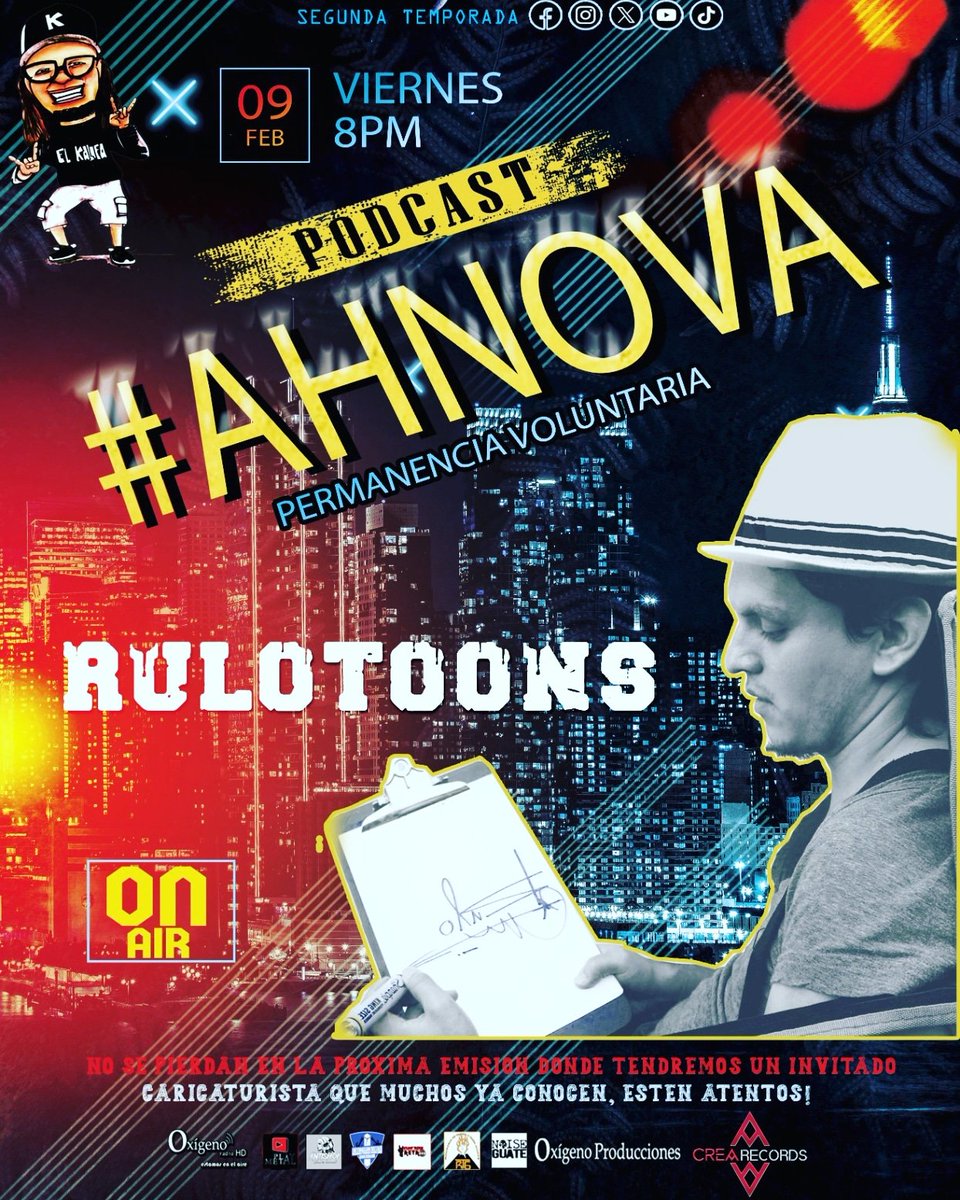 Wujuuuuuu y así iniciamos la 2da. Temporada de los podcasts #AHNOVA emision #12 

En vivo y en directo desde #CreaRecordsInternational 

<a href="/rulobono/">SubComandante Rulo Bono⚡</a> para platicar sobre su Trayectoria y anécdotas como caricaturista y demás proyectos. 

#podcast #arte #caricatura #dibujo #pintura