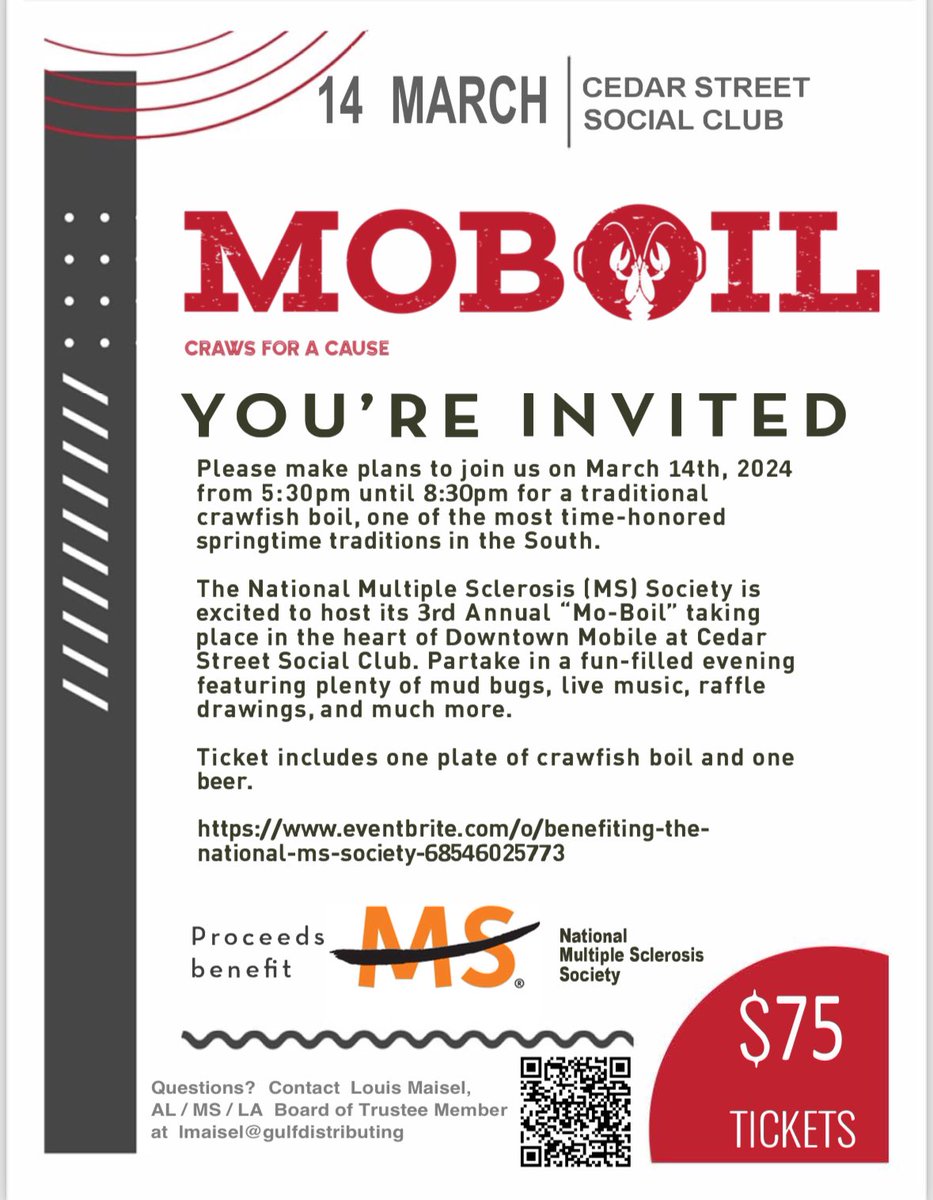 William Kilgo, MD (@wilgokilgo) on Twitter photo Come see us at #Moboil this year for crawfish, live music, and more, all in support of the <a href="/mssociety/">National MS Society</a>! Come see us at #Moboil this year for crawfish, live music, and more, all in support of the <a href="/mssociety/">National MS Society</a>!