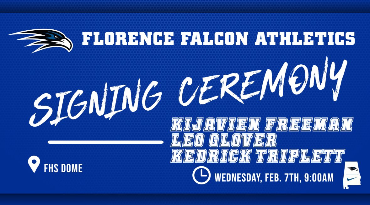 FHS Athletics will host a signing day ceremony tomorrow (2/7) for KJ Freeman, Leo Glover, and Kedrick Triplett, at 9AM in the FHS Dome. Go Falcons!