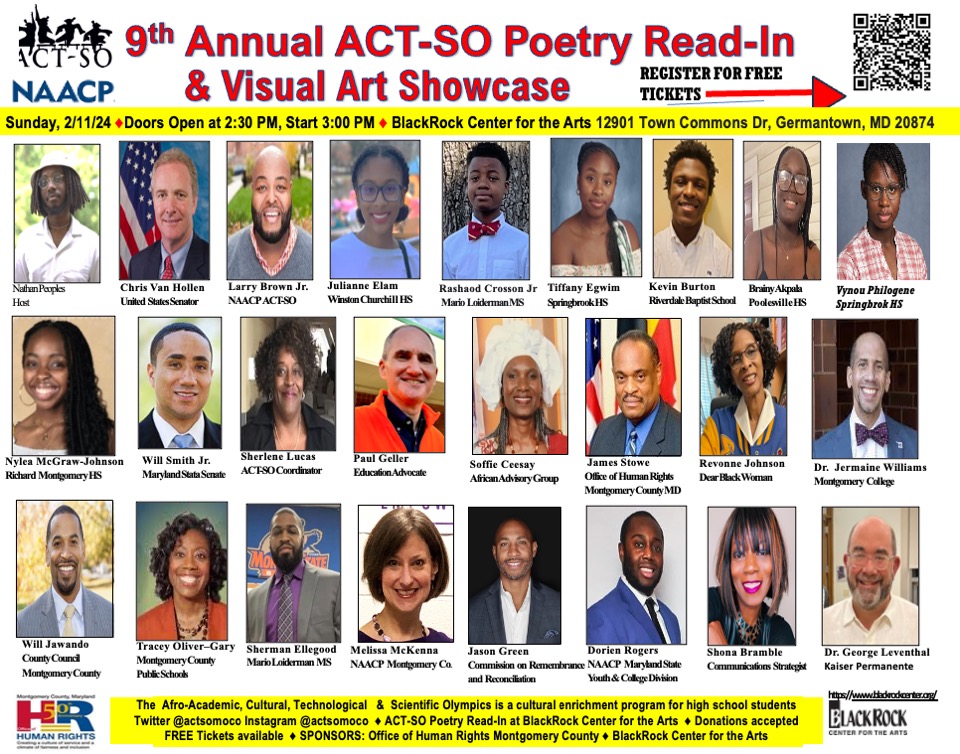 Join us on 2/11/24 for the ACT-SO Poetry Read-In &amp; Visual Art Showcase. Come out and hear the next generation of poets and community members. Register for free tickets. Donations accepted. Come to an afternoon of family friendly entertaintment. #actsomoco