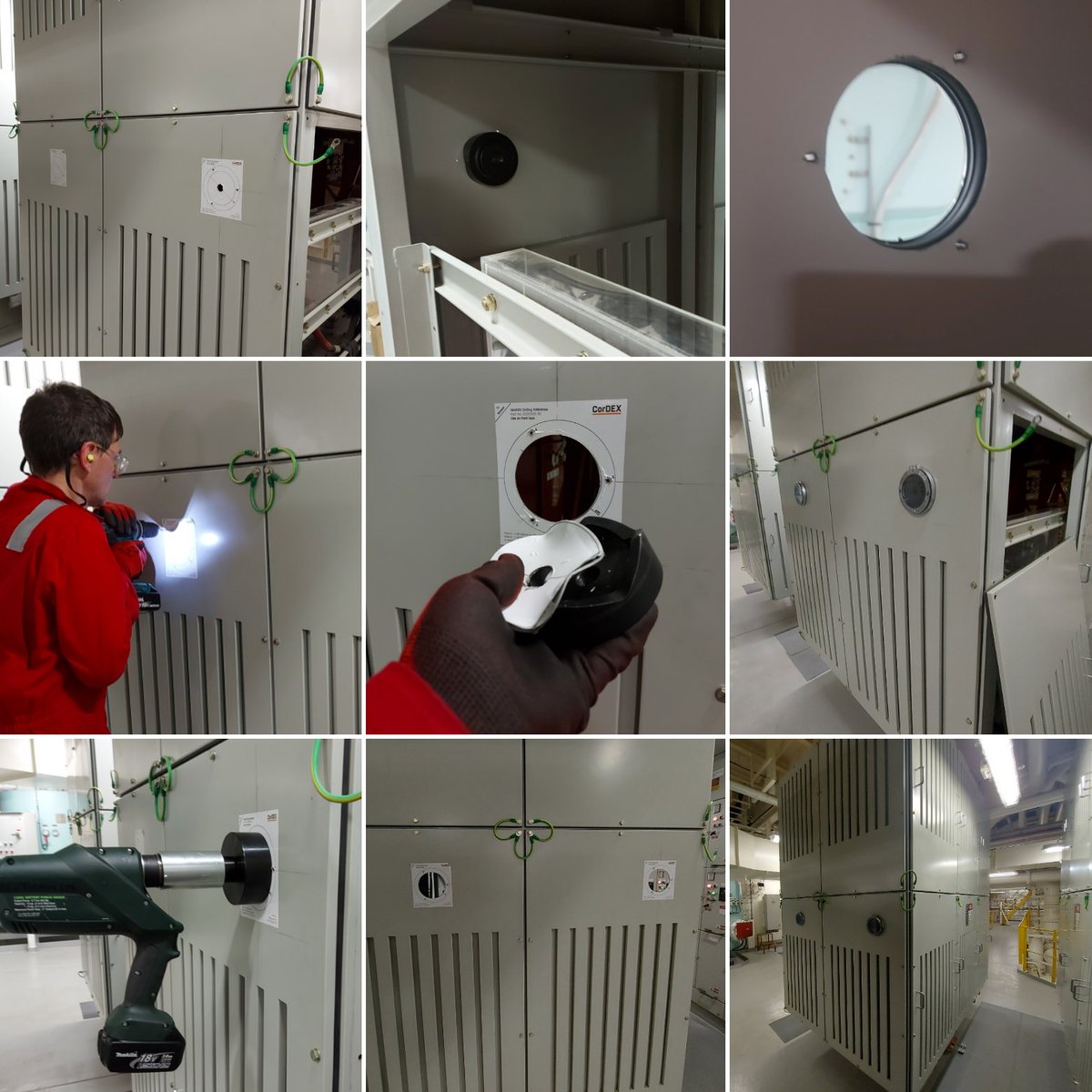 Sequence of <a href="/CorDEX_IS/">CorDEX</a> #irwindows being installed onto a 11kV/450V transformer.  Positioned to safely scan internal equipment with a thermal camera. #thermography #thermalimaging #inspection #infrared