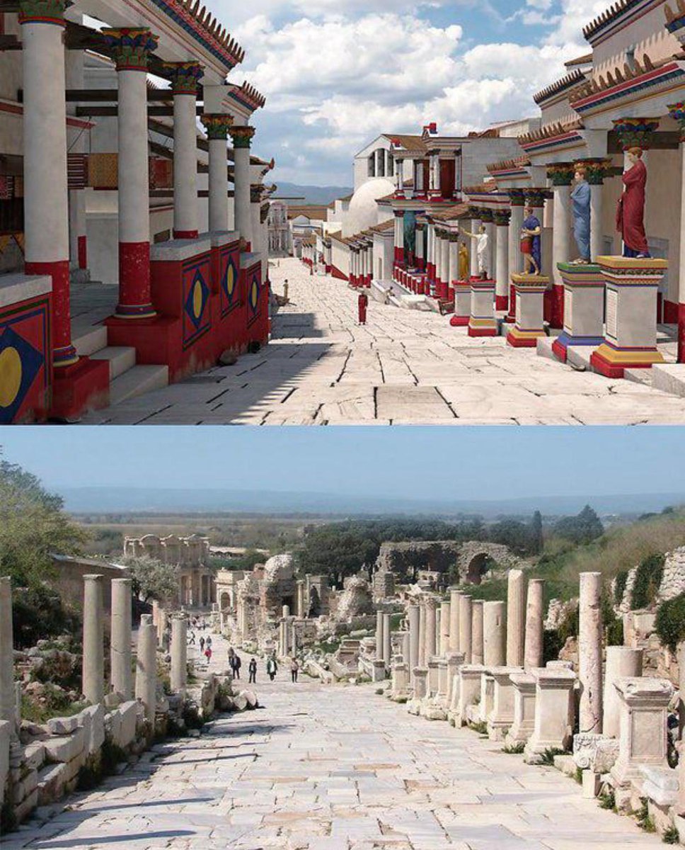 The top image shows what Ancient Greece really looked like. The bottom image shows what this same street (Curetes Street) looks like today.