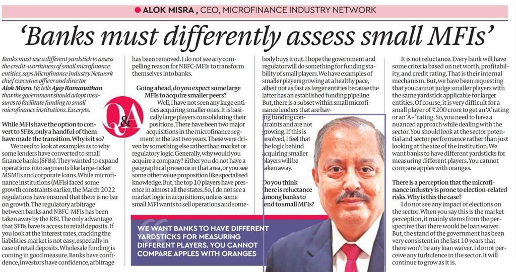 In an Exclusive Interview with Financial Express, Dr. Alok Misra (CEO & Director , MFIN)shares his insights on why banks must differently assess small microfinance institutions.
#financeinsights #governmentsupport #mfin #inclusivefinance #microfinance #banking #nbfc