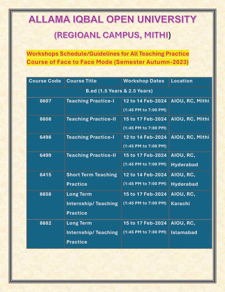 aiou_mithi's tweet photo. Face-to-face workshops for Regional Center Mithi students will be held as per the following schedule. 
For more details visit Regional Center or website https://t.co/xOzAmZG1cG