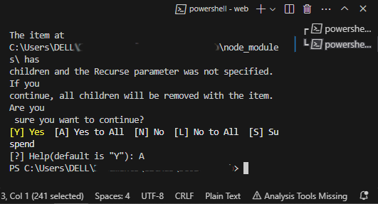 supernovarts's tweet photo. Powershell's `rm` command will ask you to delete the entire folder if you forgot to specify flag while attempting to delete a folder:

One use case rm .\node_modules https://t.co/g8xbri22rF