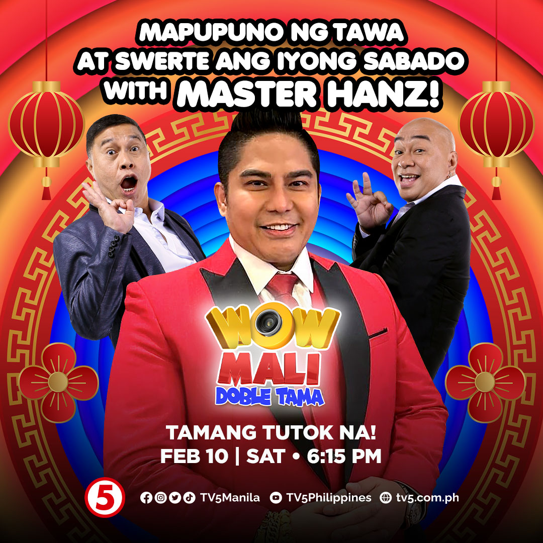 TV5manila's tweet photo. Sasabihin na namin sa iyo ang kapalaran mo this weekend!🧧

Isang Sabadong puno ng saya at good vibes kapag nanood ka ng aming Chinese New Year special, with Prankmasters Jose and Wally, and Feng Shui Master, Hanz Cua sa #WowMaliDobleTamaTV5, 6:15PM sa #WeekendTripTV5! https://t.co/26R2pUl3ni