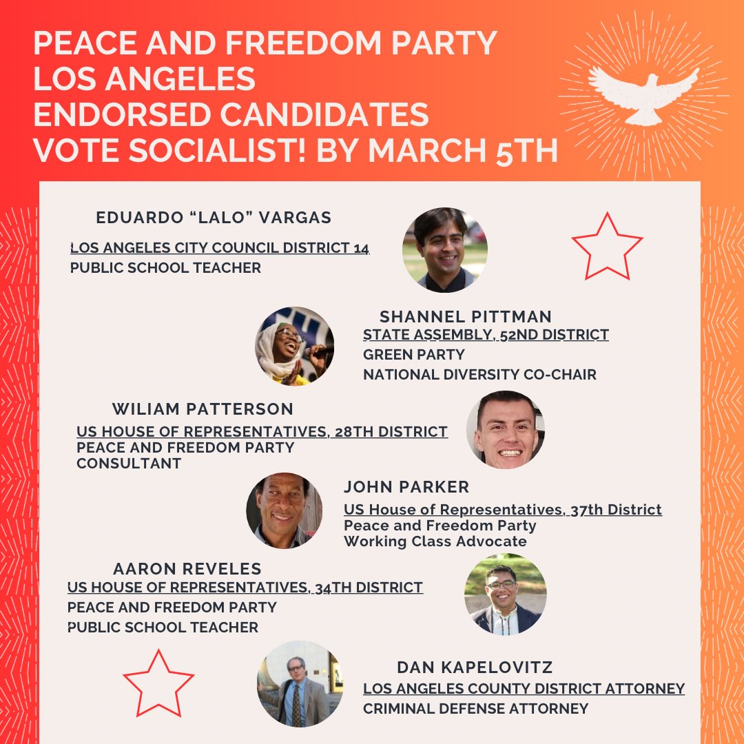 pfplongbeach's tweet photo. Los Angeles! Ditch the Twin parties or Genocide and Vote Socialist! Here are our endorsed candidates for the March Primary. #votesocialist #2024Election #LosAngeles https://t.co/Cf0I7V5kKZ