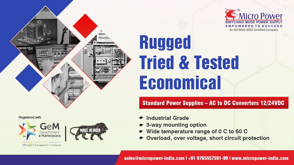 MicroPower94's tweet image. Our cost-effective yet reliable range of Standard Power Supplies (AC to DC Converters) are well built to serve various applications like in Panels of Lift, PLC, HMI, Switchgear along with Machine Building and BMS.

#PowerSupply #ACtoDC #Converter #SMPS #PLC #BMS