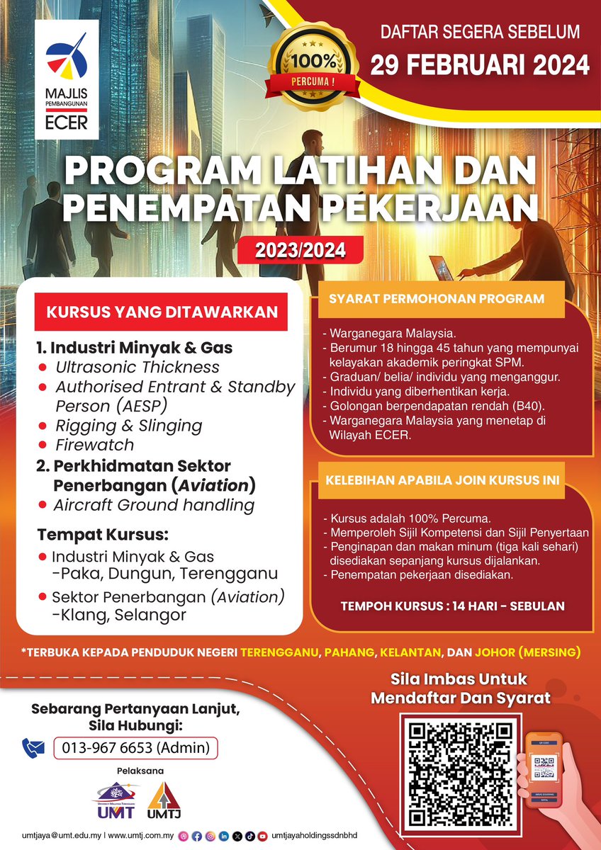 umtholdings's tweet photo. PROGRAM LATIHAN DAN PENEMPATAN PEKERJAAN 2023/2024 disediakan bagi rakyat Terengganu, Pahang, Kelantan dan Johor (Mersing)
#gobeyond #universitimalaysiaterengganu #umtjayaholdings #ECERDC #umtjconsultancyservices #akuatropsdnbhd #umt #umtj #umtjcs #aksb https://t.co/NVA2jTWwb7