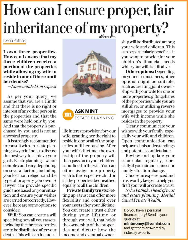 MotilalOswalPW's tweet photo. How Can I ensure proper, fair inheritance of my property? answered by @pathakneha, Head of Trust & Estate Planning, MOPW, in the #AskExpert column of @livemint
#estateplanning #properties #assets #privatewealth #WealthManagement https://t.co/GTemtPuAYW