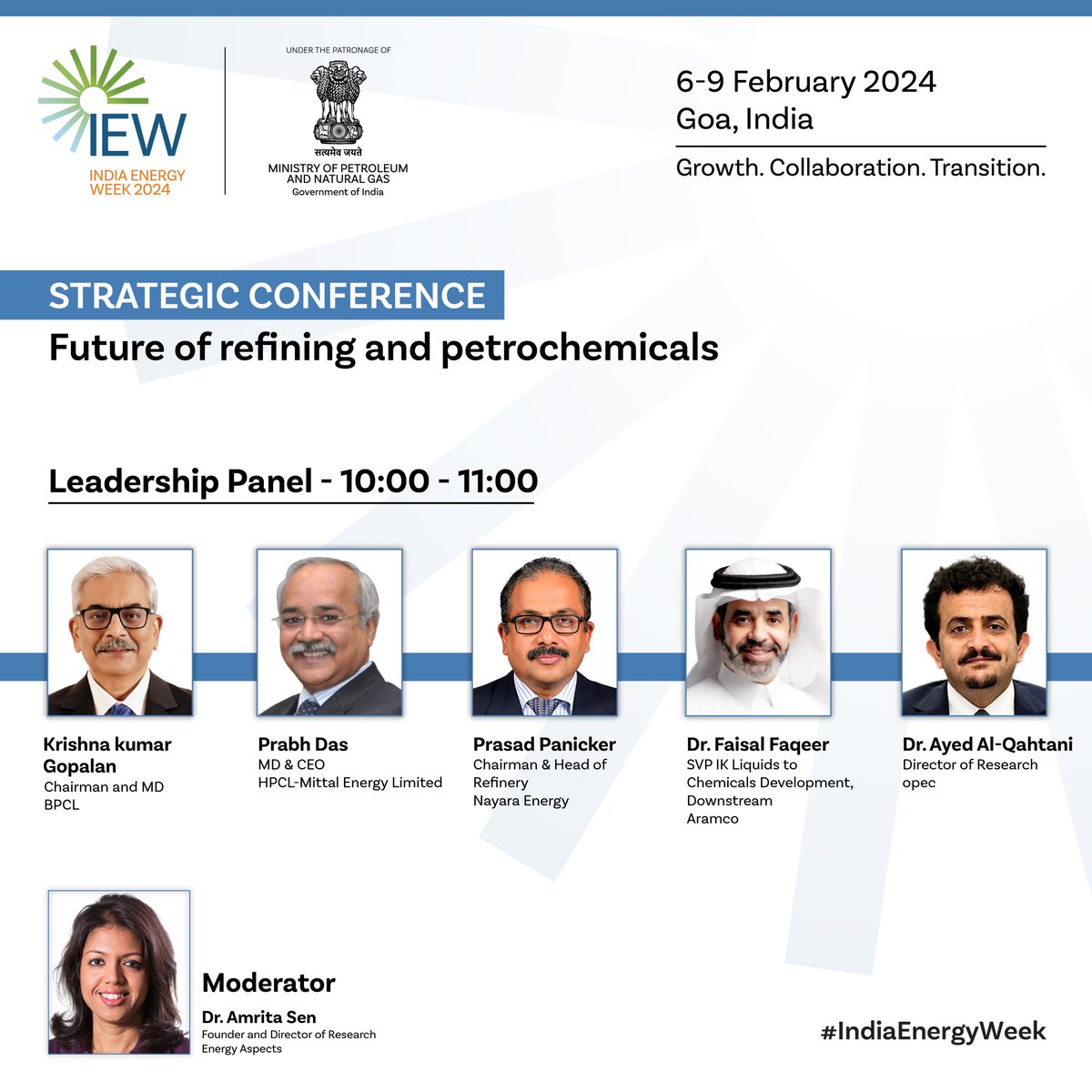 Join us at the Executive Sessions Theatre for a compelling Leadership Panel discussion on 'The Future of Refining and Petrochemicals.' Hear from industry leaders Krishnakumar Gopalan, Prabh Das, Prasad Panicker, Dr. Faisal Faqeer, and Dr. Ayed Al-Qahtani as they delve into…
