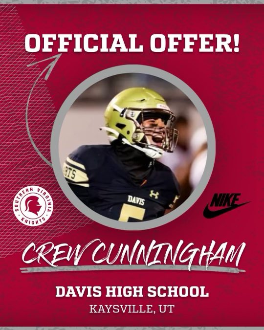 Crew Cunningham (@crew_cunningham) on Twitter photo After a great call with <a href="/CoachLekApodaca/">Leks Apodaca</a> i’m excited to announce that I have received my first offer to continue my athletic and academic career at Southern Virginia University!
<a href="/DavisDartsFB/">Davis High Football</a> <a href="/ScottPeery2/">Scott Peery</a> After a great call with <a href="/CoachLekApodaca/">Leks Apodaca</a> i’m excited to announce that I have received my first offer to continue my athletic and academic career at Southern Virginia University!
<a href="/DavisDartsFB/">Davis High Football</a> <a href="/ScottPeery2/">Scott Peery</a>