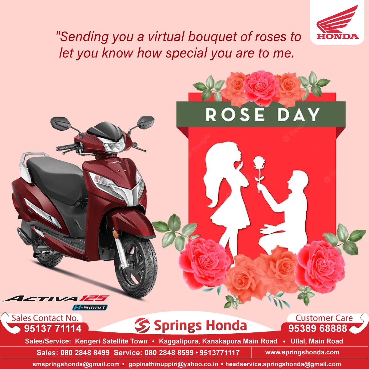 🌹Sending virtual blooms your way to celebrate the special bond we share. Happy Rose Day! 🌹 #SpecialConnection #RoseDay
To know more, please visit:
springshonda.com
📲08028488499
#SpringsHonda  #RoseDay 🌹 #LoveBlooms #ValentinesWeek #RedRoses #RomanticFlowers
