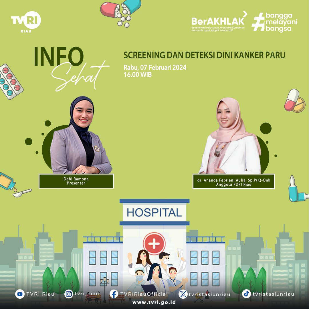 JANGAN LEWATKAN DIALOG INFO SEHAT MENGENAI Screening dan deteksi dini kanker paru  BERSAMA dr. Ananda Febriani Aulia, Sp.P(K)-Onk. RABU 7 FEBRUARI 2024  PUKUL 16.00 WIB