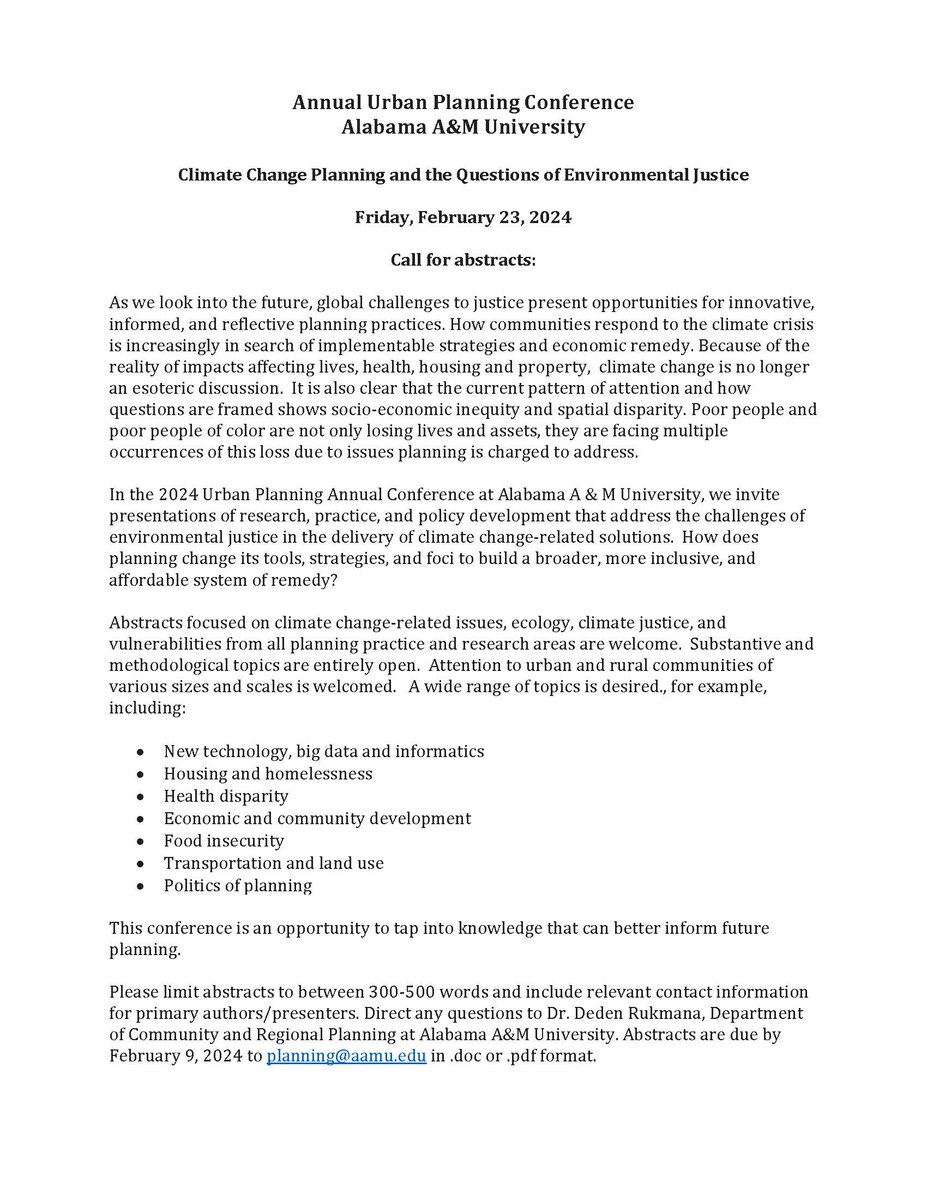 dedenrukmana's tweet photo. The Department of Community and Regional Planning @aamuedu celebrates Black History Month by hosting the Annual Urban Planning Conference on February 23, 2024. 

Abstracts are due by February 9, 2024 to planning@aamu.edu in .doc or .pdf format. https://t.co/9WGCY7SvrQ