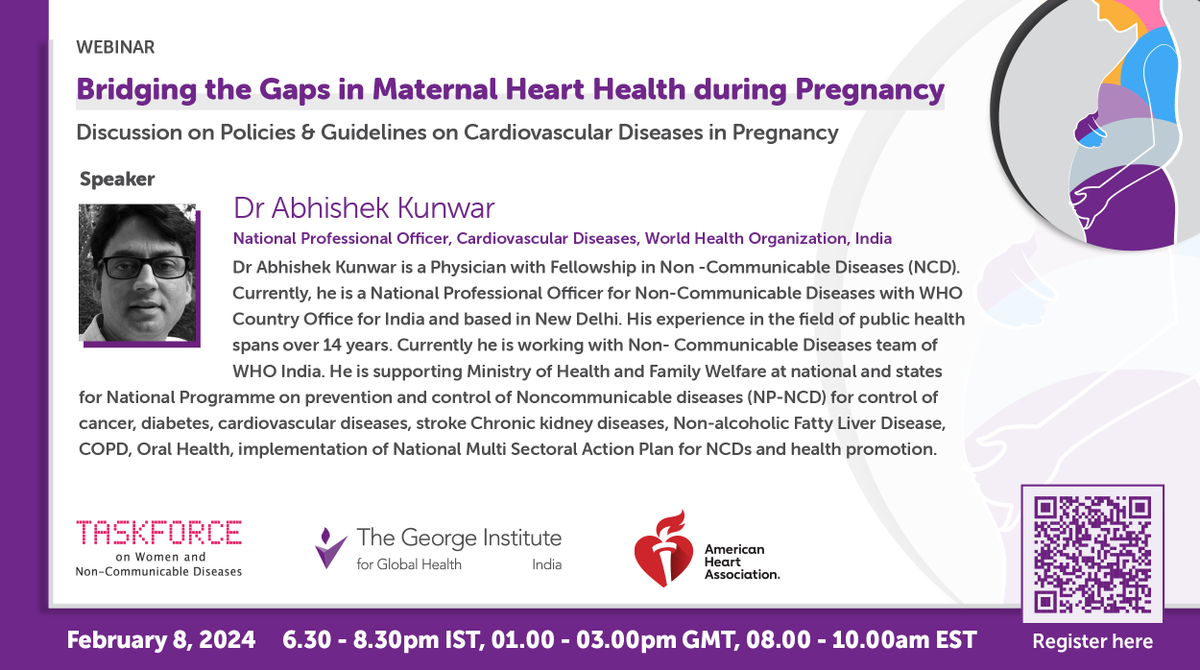 Be a part of a thought-provoking discussion with Dr. Abhishek Kunwar of @WHO India as he delves into the role of the WHO in ensuring standardized and appropriate care during CVD in #pregnancy - challenges, solutions, and way forward. 🗓️8th Feb 7-7:20PM 🔗bit.ly/3vUOAGx