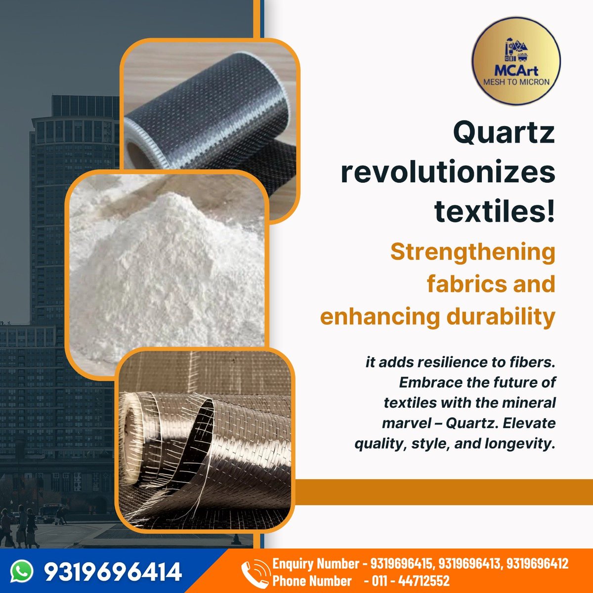 Experience the future of textiles with the mineral marvel - Quartz. 
Whatsapp us at 093196 96414
Mcart

#Mcart #Meshtomicron #Minerals #Chemicals #MineralResources #ChemicalIndustry #MineralExtraction #ChemicalCompounds  #QuartzTextiles #FabricInnovation #TextileRevolution