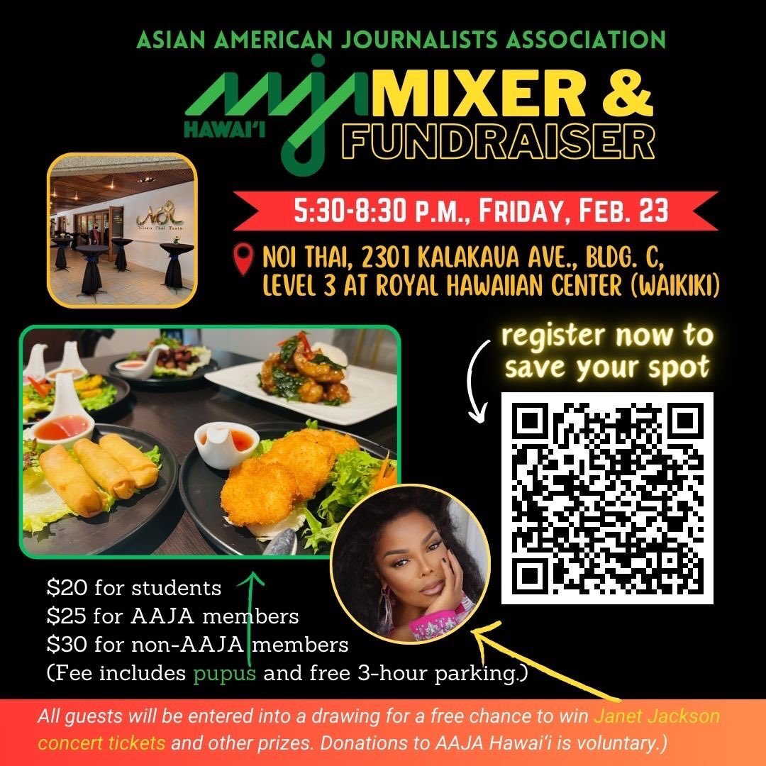 AAJA Hawaii (@aajahawaii) on Twitter photo Calling all students, local media and communication professionals: Join <a href="/AajaHawaii/">AAJA Hawaii</a> for the first mixer of the year on Friday, Feb. 23. Come socialize and enjoy pupus from Noi Thai Cuisine in Waikiki. Register today at tinyurl.com/3kjxd4z8 Calling all students, local media and communication professionals: Join <a href="/AajaHawaii/">AAJA Hawaii</a> for the first mixer of the year on Friday, Feb. 23. Come socialize and enjoy pupus from Noi Thai Cuisine in Waikiki. Register today at tinyurl.com/3kjxd4z8