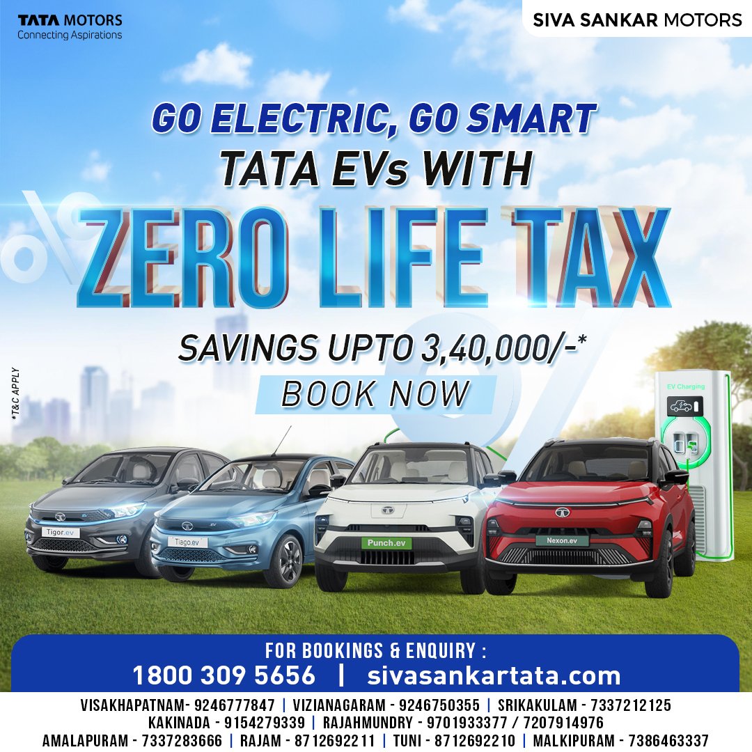 Go electric, go smart with Tata EVs! Zero life tax, savings up to 3,40,000/-. Book now at #SivaSankarMotors. Drive into the future! 

For sales & services call us: 1800 309 5656

#TataEVs #TataElectricCars #SivaSankarTata #HugeSavings #ZeroTaxonTata #TataMotorsPassengerVehicles