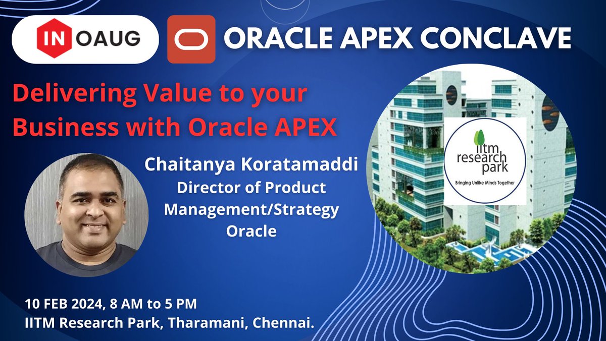 inoaug's tweet photo. Join us for an insightful session from the Leader, to explore the transformative capabilities of Oracle APEX and its impact on maximizing business value.
Register Now: https://t.co/wzrHzDalqL
#inoaug #orclapex #APEXConclave24 #oracle #lowcode #oraclecloud https://t.co/g934Vlim80