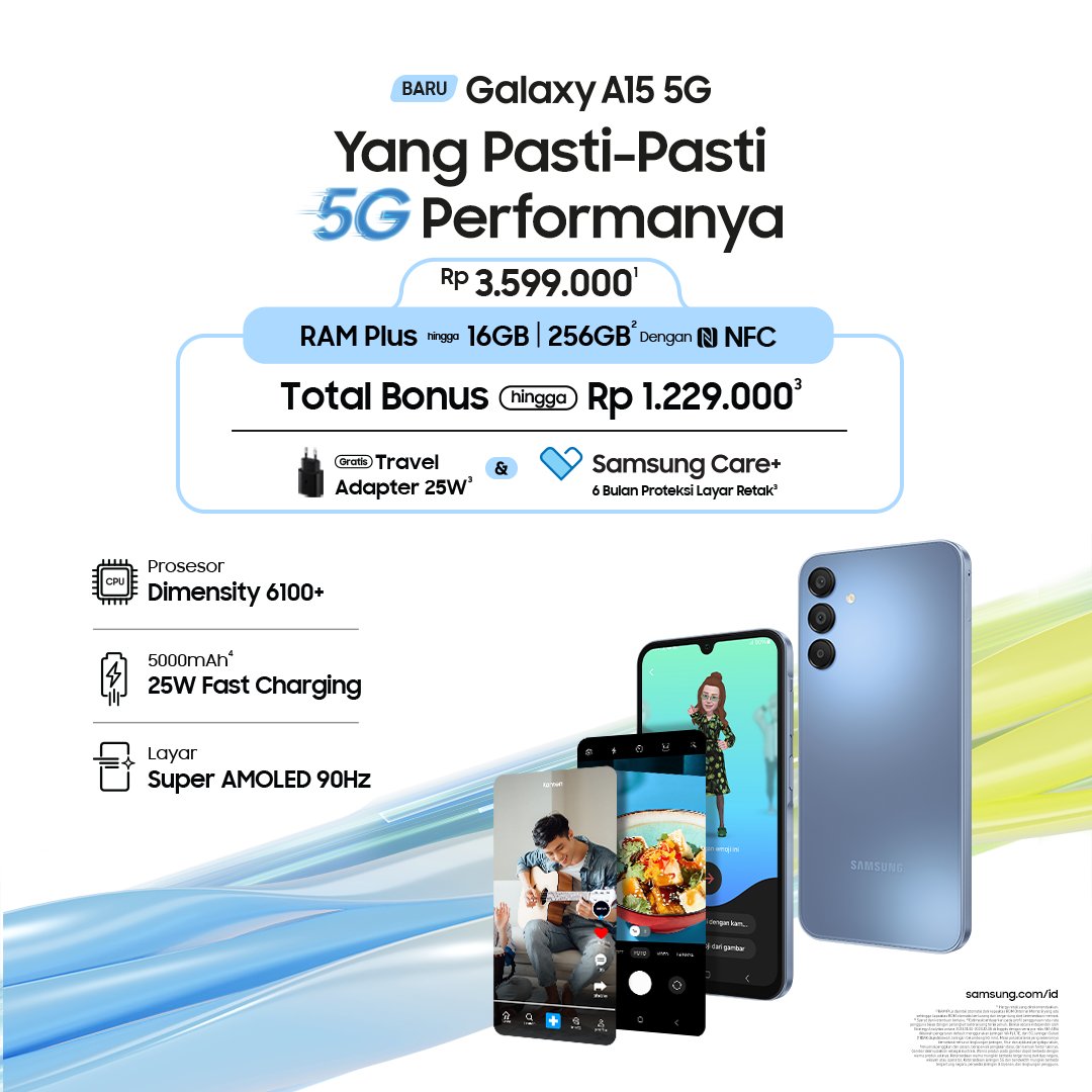 Content creator sini kumpul‼️ Yuk ganti HP kamu ke #GalaxyA15 5G dengan Prosesor Dimensity 6100+ dan Layar Super AMOLED 90Hz Refresh Rate bikin ngedit konten kamu pasti lancar dan jadi FYP terus 😙🙌 Siapa yang mau ganti HP ke Galaxy A15 5G? Cek di sini! smsng.co/GalaxyA15-TW-7…