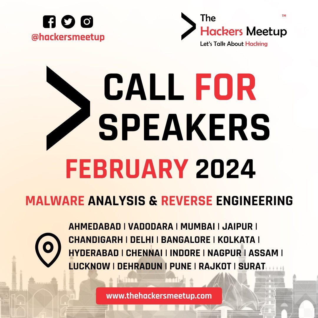 The Hacker's Meetup (@hackers_meetup) on Twitter photo πππ₯π₯ π
π¨π« ππ©πππ€ππ« The Hackers Meetup India
We are Looking for Speakers in our upcoming the Hackers meetup events at
Speakers Registration: forms.gle/1gRAG25jhdmLS4β¦
February 2024
Malware Analysis & Reverse Engineering
Linkedin linkedin.com/company/the-haβ¦ πππ₯π₯ π
π¨π« ππ©πππ€ππ« The Hackers Meetup India
We are Looking for Speakers in our upcoming the Hackers meetup events at
Speakers Registration: forms.gle/1gRAG25jhdmLS4β¦
February 2024
Malware Analysis & Reverse Engineering
Linkedin linkedin.com/company/the-haβ¦