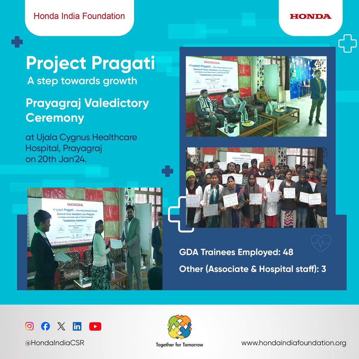 Phase I of the General Duty Assistant (GDA) Program covered 20 locations, 1,000 trainees certified, with 972 securing placements.

In a recent valedictory session, candidates were certified in Chennai, Prayagraj, Indore, Muzaffarpur & Satna. #ProjectPragati #HondaIndiaFoundation