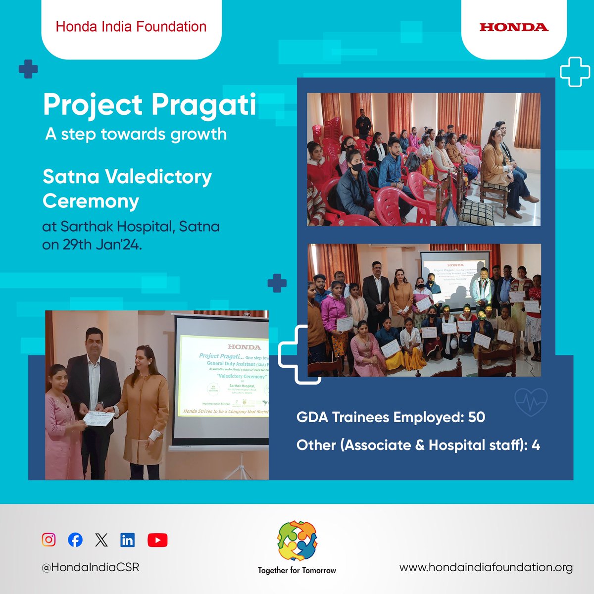 Certificates of completion were handed over to all trainees by HMSI Dignitaries. Over 240+ GDA trainees across these locations have got placed with reputed hospitals.

#HondaIndiaFoundation #HIF #CSR #RuralDevelopment #RuralEducation #RuralHealthcare #ProjectPragati #RuralYouth