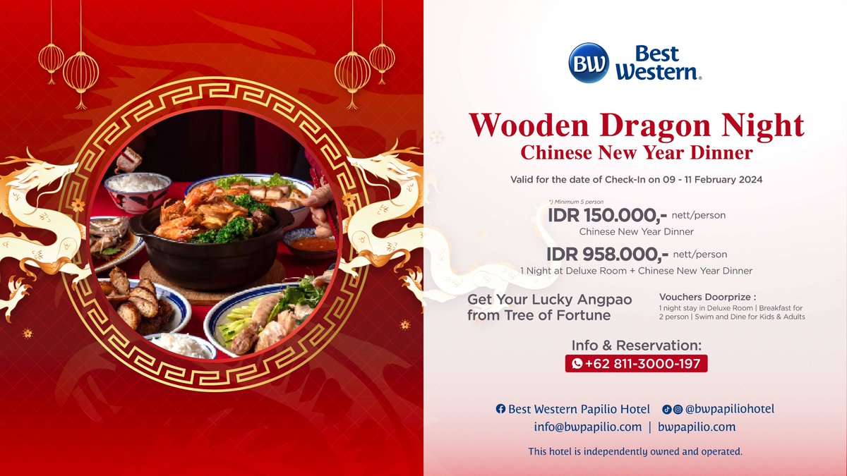🧧Let's Get Your Lucky Angpao from the Tree of Fortune, when you check-in on 9-11 Feb 2024 and enjoy the Chinese New Year Dinner at Mariposa Restaurant

Book &amp; Celebrate your Lunar New Year staycation with your beloved family Now : +62 811-3000-197
#imleksurabaya