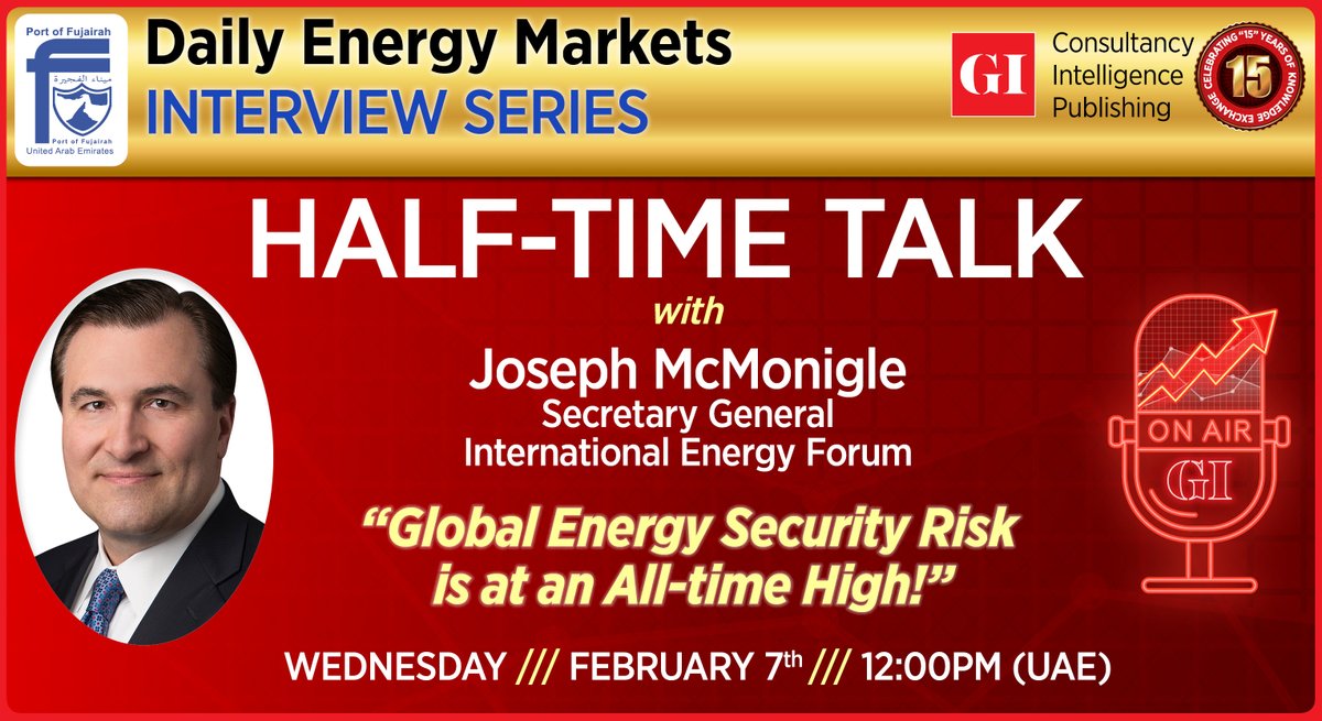 gulf_intel's tweet photo. 📢 𝗦𝘁𝗮𝘆 𝗧𝘂𝗻𝗲𝗱 #HalfTimeTalk Interview with @ief_sg, Secretary General, @IEF_Dialogue

“Global Energy Security Risk Is at An All-time High!”  

#OOTT #energy #oilandgas #Markets #energysecurity https://t.co/gDqaiv1Y1W