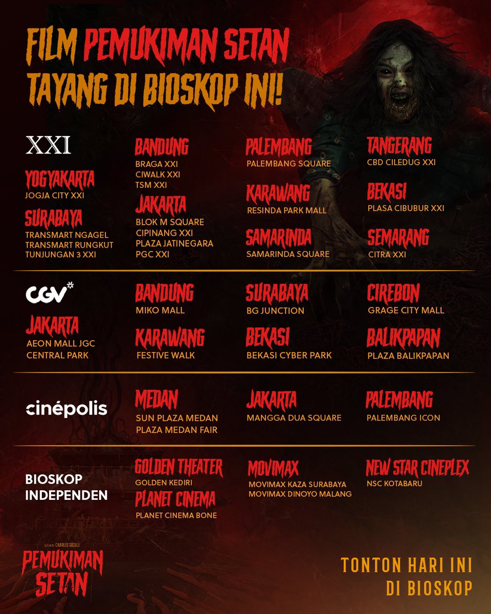 Keseruan aksi horor Pemukiman Setan bisa kamu tonton di bioskop-bioskop ini!

Yuk, segera beli tiketnya di bioskop terdekat di kota kamu. Jangan sampe ketinggalan ngerasain serunya!

#PemukimanSetan #FilmPemukimanSetan