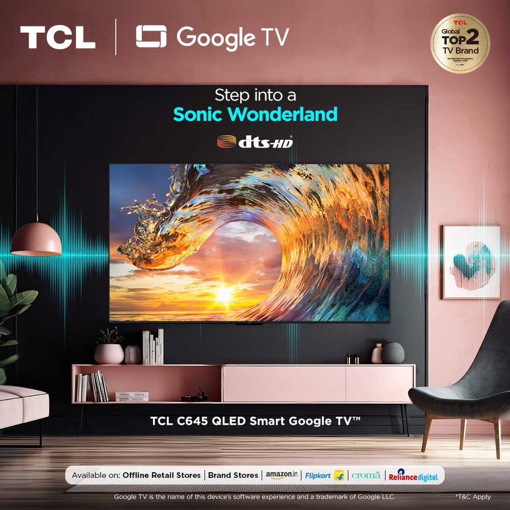 tcl_india's tweet photo. TCL C645 QLED Smart Google TV transforms your space into a sonic wonderland with DTS HD. Step into the audio dream.

Know more: https://t.co/1zoEhe37TW

#TCL #GoogleTV #dtsHD https://t.co/c7e6DFmX0q