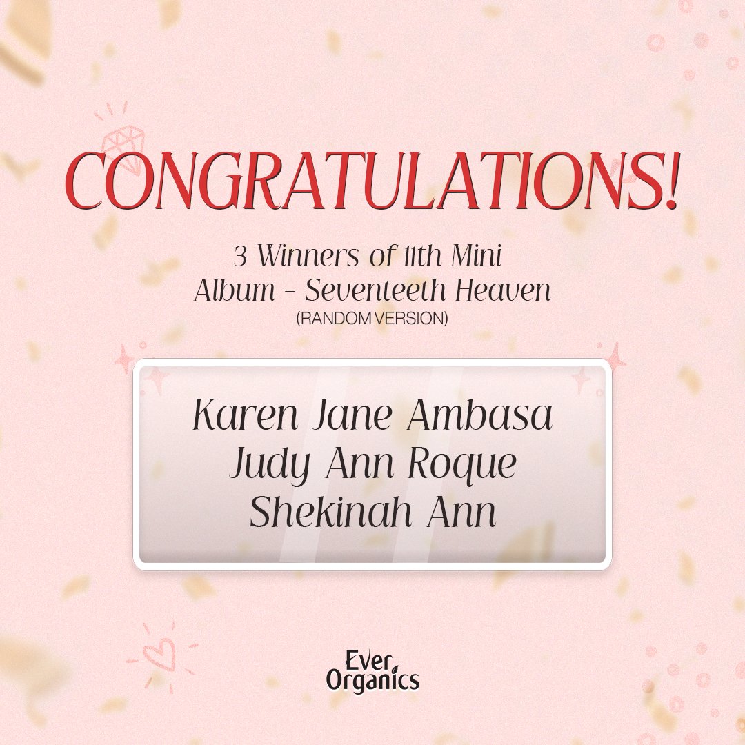 𝟭𝟭𝗧𝗛 𝗠𝗜𝗡𝗜 𝗔𝗟𝗕𝗨𝗠 - 𝗦𝗘𝗩𝗘𝗡𝗧𝗘𝗘𝗡𝗧𝗛 𝗛𝗘𝗔𝗩𝗘𝗡 𝗚𝗜𝗩𝗘𝗔𝗪𝗔𝗬 𝗪𝗜𝗡𝗡𝗘𝗥𝗦 💎

Congratulations to our Giveaway Winners! 🥳✨ Dance to the rhythm and sing your heart out with 11th Mini album - Seventeenth Heaven! Kindly message us to claim your prize! 🥰❤