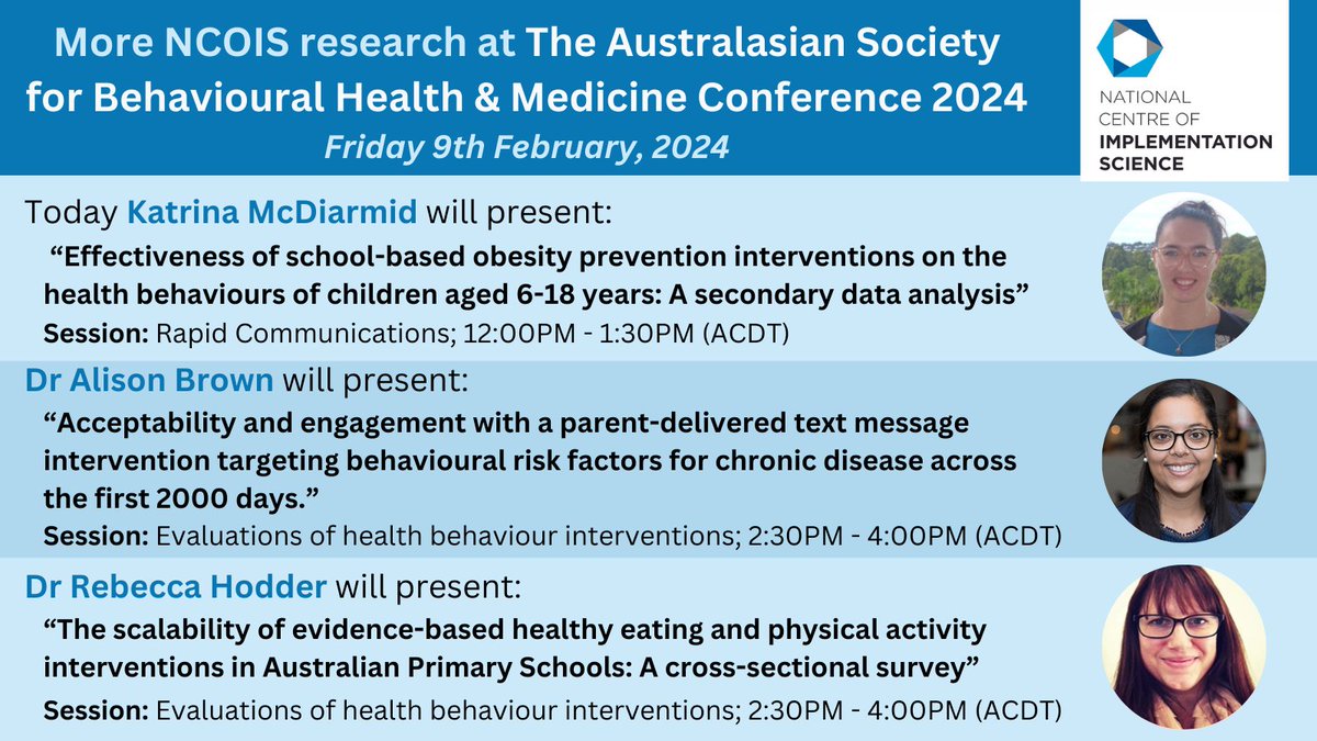 National Centre of Implementation Science (NCOIS) (@ncoisaustralia) on Twitter photo 📢More NCOIS research at #ASBHM2024!
PhD candidate, Katrina McDiarmid (<a href="/not_yet_dr_kat/">Kat McDiarmid</a>), Dr <a href="/alisonbrown__/">Alison Brown</a> & Dr <a href="/RebeccaKHodder/">Rebecca Kate Hodder</a> will be presenting their research today.
More details below & 👉 bit.ly/3UuUVCC 📢More NCOIS research at #ASBHM2024!
PhD candidate, Katrina McDiarmid (<a href="/not_yet_dr_kat/">Kat McDiarmid</a>), Dr <a href="/alisonbrown__/">Alison Brown</a> & Dr <a href="/RebeccaKHodder/">Rebecca Kate Hodder</a> will be presenting their research today.
More details below & 👉 bit.ly/3UuUVCC