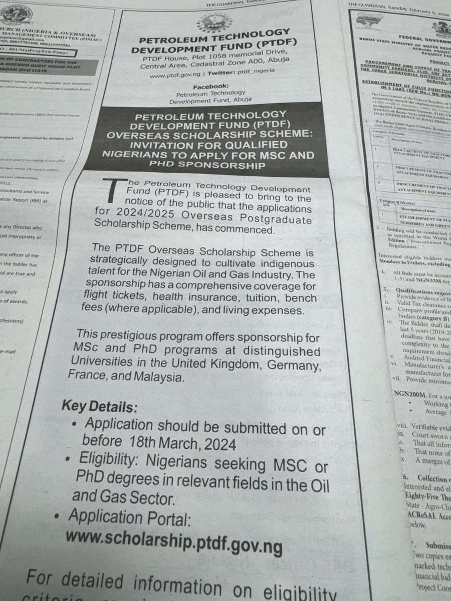 educatpost's tweet photo. Petroleum Technology Development Fund: Invitation for Qualified Nigerians to apply for MSC and PHD Sponsorship guys. 

2:  18th March 2024 is the closing date. https://t.co/nYqK5ETz9J