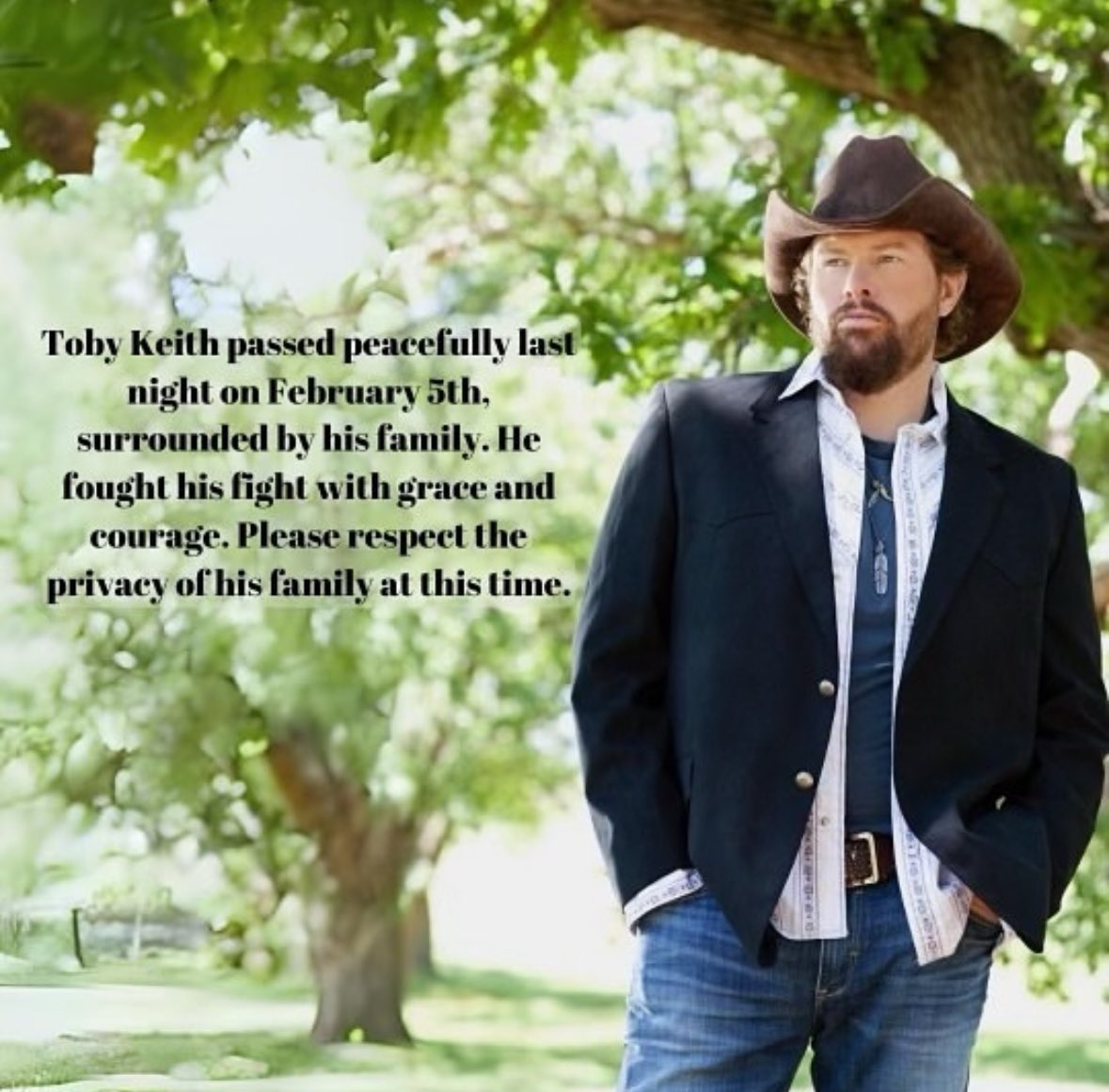 bombaytimes's tweet photo. The ‘Should’ve Been a Cowboy’ singer #TobyKeith passes away at 62  

A post on his social media handle said he passed away on Monday surrounded by family, adding, ‘He fought his fight with grace and courage’  

#Toby_Keith #TobyKeith #RestInPeace https://t.co/YtY2gVojfk