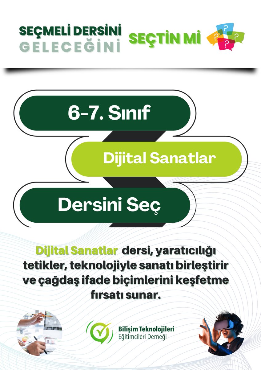 teknogretmenler's tweet image. 2024-2025 Eğitim Öğretim Yılı ders seçimleri başladı.
Seçmeli Dersini Seçtin mi?
Geleceğini Seçtin mi?
5-6. Sınıf #RobotikKodlama
6-7. Sınıf #DijitalSanatlar
7-8. Sınıf #YapayZekaUygulamaları
9-10-11-12. Sınıf #BilişimTeknolojileriveYazılım
@btedernegi