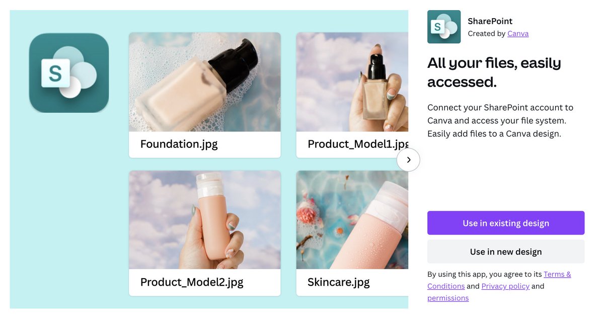 Did you know there's a Sharepoint app for Canva which means you can easily add your Teams and SharePoint files to a Canva design? No need to upload, download, upload, download, just syncy syncy happy days! canva.com/your-apps/AAFZ…