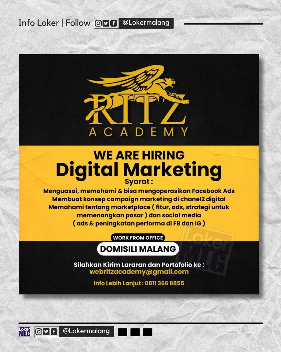 #Lokermalang 

RITZ ACADEMY

WE ARE HIRING‼️

▪️ DIGITAL MARKETING

__
Segera kirim CV & Portofolio via email :
📧 : webritsacademy@gmail.com
📝 : Subjek “Posisi_Nama”

More info :
📱 : 0811-366-8855

*Kami tunggu yah, good luck !