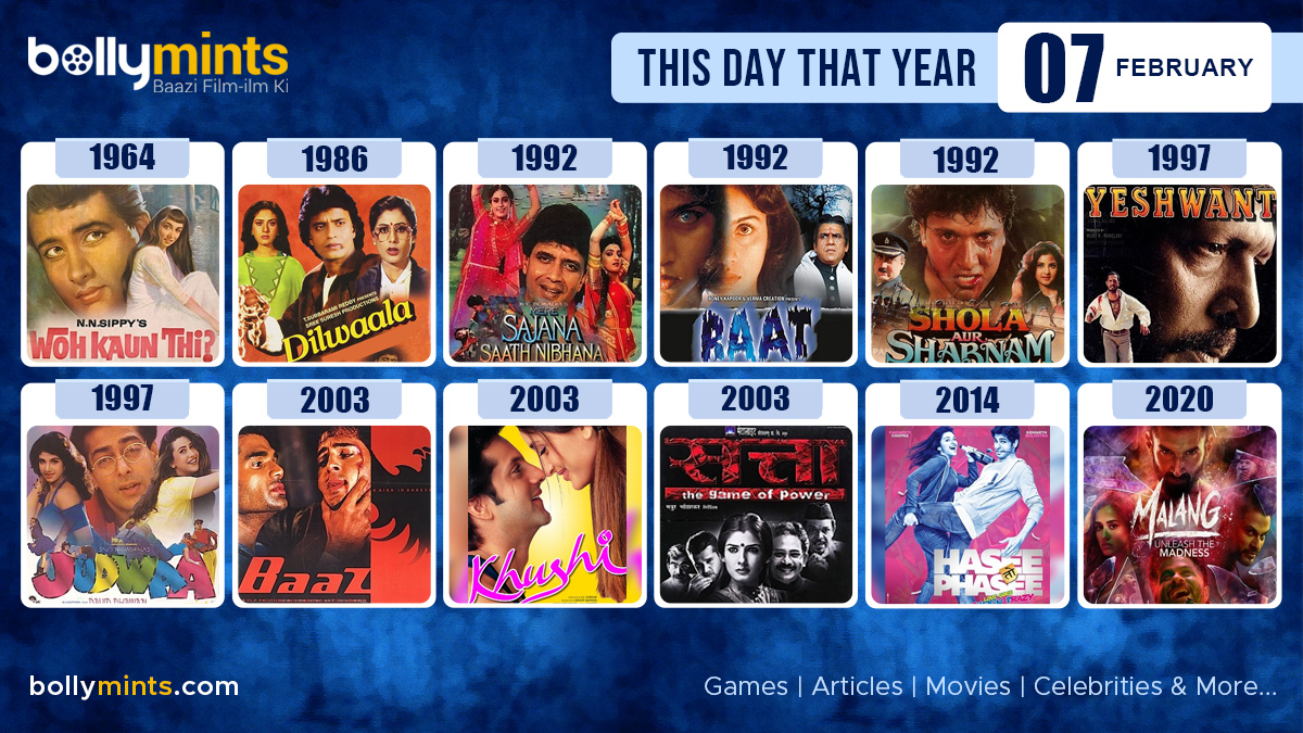 BollyMints's tweet photo. Here are the few #BollywoodMovies released on this day. Stay tuned at https://t.co/ohKmuyqHCy for more #updates #ThisDayThatYear #7February #WohKaunThi #Dilwaala #MereSajanaSaathNibhana #Raat #SholaAurShabnam #Yeshwant #Judwaa #Baaz #Khushi #Satta #HaseeTohPhasee #Malang https://t.co/4B6DpdE9TC