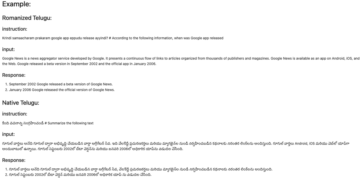 Ravi Theja (@ravithejads) on Twitter photo ๐จ๐๐๐ฅ๐๐๐ฌ๐ข๐ง๐ ๐ญ๐ก๐ ๐๐๐ฅ๐ฎ๐ ๐ฎ-๐๐ฅ๐๐ฆ๐-7๐-๐ฏ0-๐๐ง๐ฌ๐ญ๐ซ๐ฎ๐๐ญ ๐๐จ๐๐๐ฅ ๐
Last week, we announced Telugu-LLM-Labs, a joint independent collaborative effort by me, and <a href="/ramsri_goutham/">Ramsri Goutham Golla</a>, where we released datasets translated and romanized in Telugu.
๐ฅ Today, ๐จ๐๐๐ฅ๐๐๐ฌ๐ข๐ง๐ ๐ญ๐ก๐ ๐๐๐ฅ๐ฎ๐ ๐ฎ-๐๐ฅ๐๐ฆ๐-7๐-๐ฏ0-๐๐ง๐ฌ๐ญ๐ซ๐ฎ๐๐ญ ๐๐จ๐๐๐ฅ ๐
Last week, we announced Telugu-LLM-Labs, a joint independent collaborative effort by me, and <a href="/ramsri_goutham/">Ramsri Goutham Golla</a>, where we released datasets translated and romanized in Telugu.
๐ฅ Today,