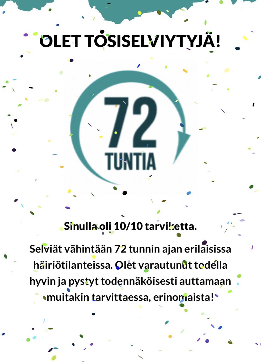 Tänään varautumispäivänä 7.2. julkaistun varautumispelin avulla voi nopeasti testata oman varautumisensa lähtötason. Tee testi ja haasta läheiset, tuttavat ja työkaverit! 
<a href="/HVK_uutiset/">Huoltovarmuuskeskus (HVK)</a> , haaste on heitetty! 😉

72tuntia.fi/selviytyisitko…

#varautumispäivä #varautuminenonyhteispeliä