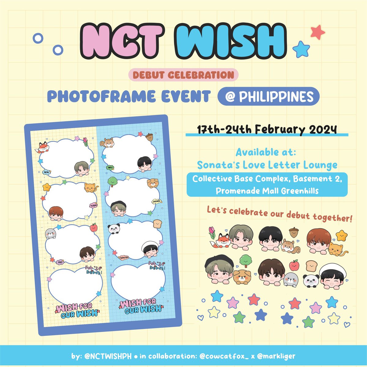 ⋆⁺₊⋆ 𝙉𝘾𝙏 𝙒𝙄𝙎𝙃 𝘿𝙀𝘽𝙐𝙏 𝘾𝙀𝙇𝙀𝘽𝙍𝘼𝙏𝙄𝙊𝙉 ⋆⁺₊⋆

NCT WISH Debut Photobooth Event

• Feb 17-24, 2024 (11am-8pm)
• Sonata’s Love Letter Lounge, Greenhills 
• PHP 200/print 

Kindly tag us and use #GoingUpwithWISH x #NCTWISHPH