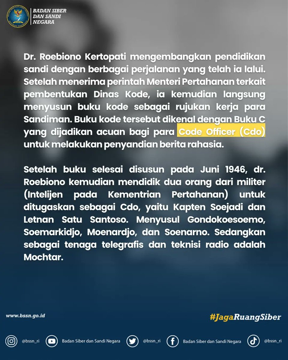 BSSN_RI's tweet photo. Roebiono Kertopati turut berjasa dalam memajukan pendidikan sandi. Kelak pendidikan sandi terus berkembang hingga saat ini menjadi Politeknik Siber dan Sandi Negara.
#TGPN
#AkademiSandiNegara
#SekolahTinggiSandiNegara
#PoltekSSN
#RoebionoKertopati
#BSSN
#JagaRuangSiber https://t.co/4tXEh22SYV