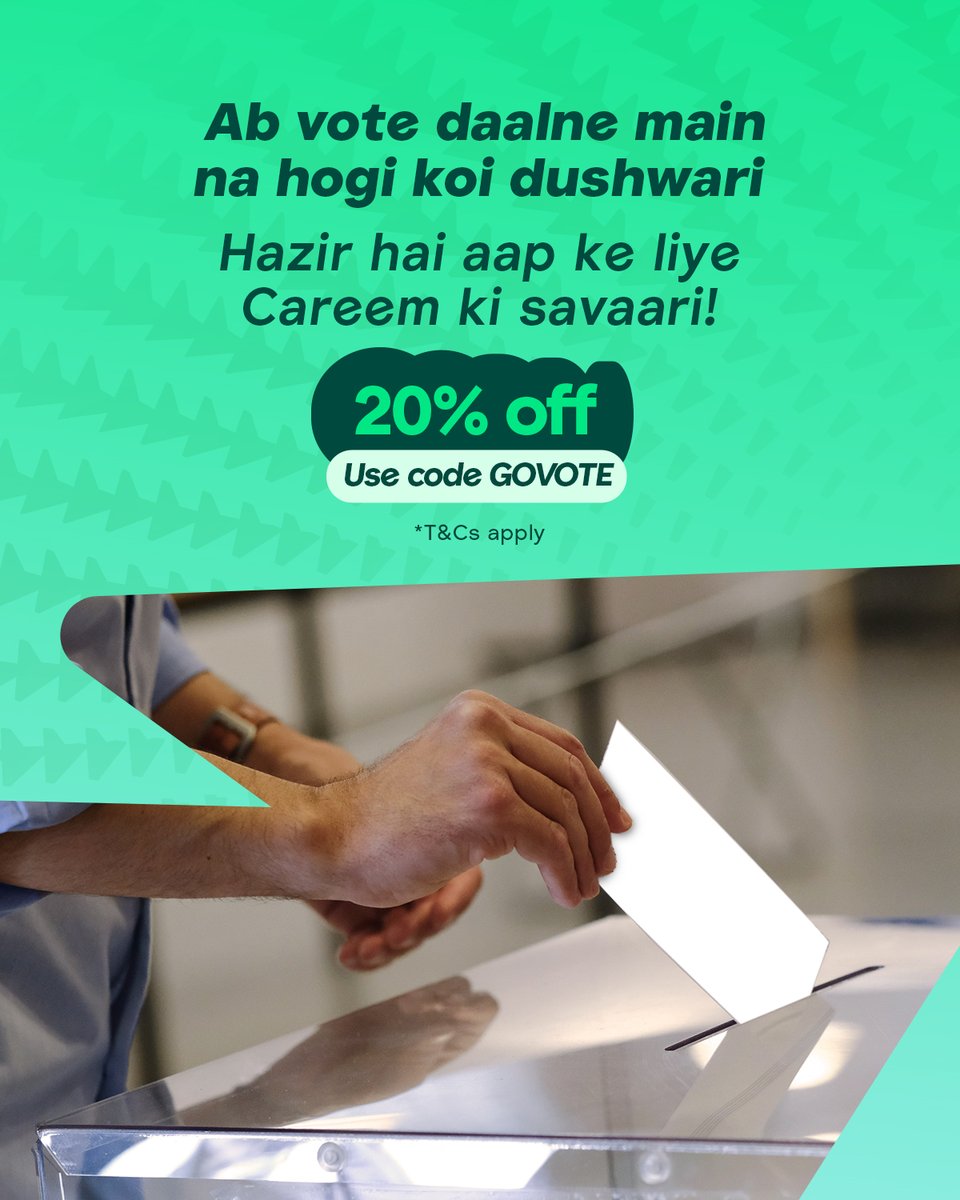 Enjoy 20% off* on your Careem ride with promo GOVOTE on Election Day Things to know: Yours to enjoy for 2 rides Maximum discount value: PKR 80 per ride Valid in Karachi, Lahore & Islamabad only Valid for all ride types Valid on 8th February 2024 only