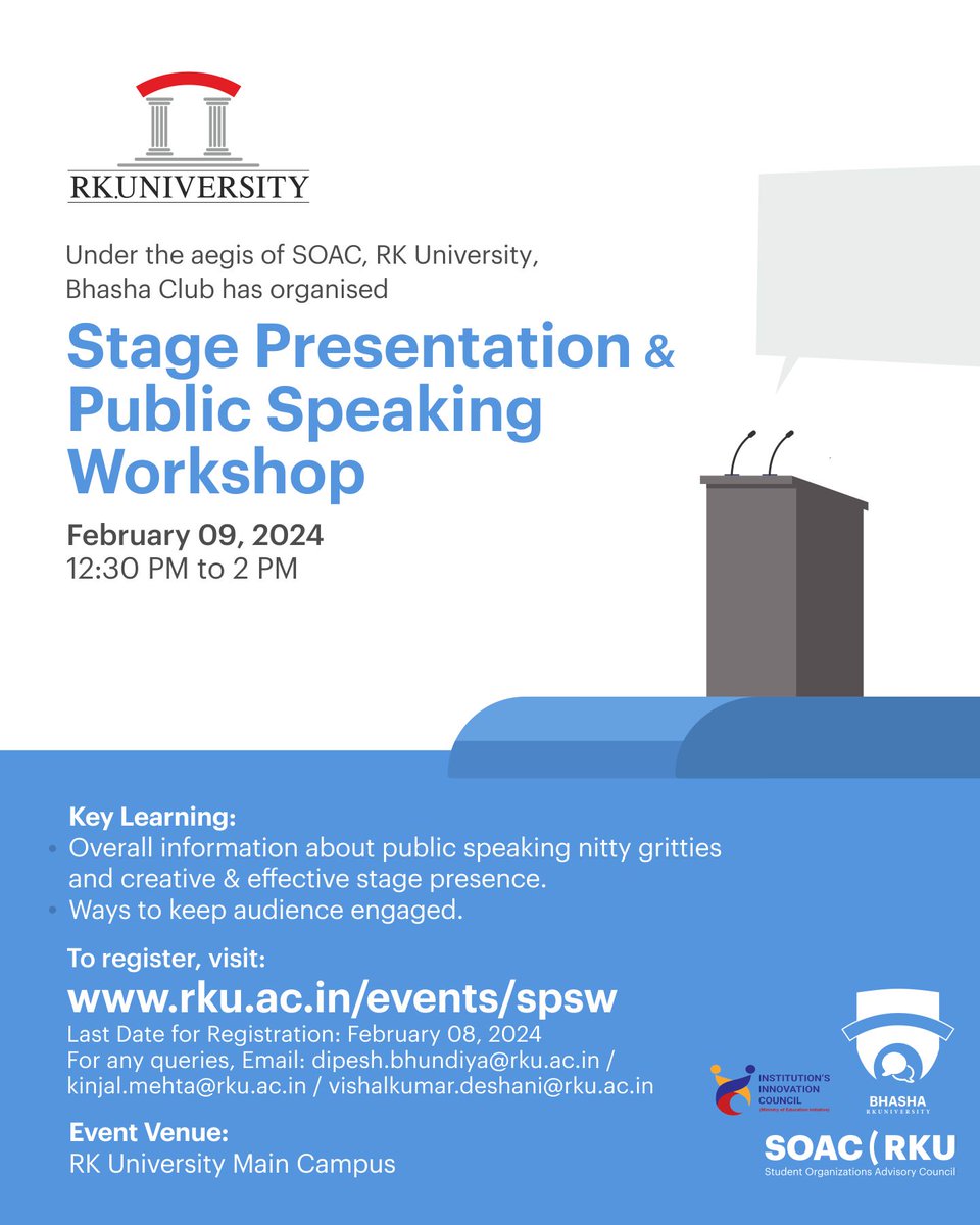 RKUniversity's tweet image. Under the aegis of SOAC, RK University; Bhasha Club has organised &quot;Stage Presentation &amp;amp; Public Speaking Workshop&quot; on February 09, 2024. To register, visit: rku.ac.in/events/spsw

#rku #publicspeaking #stagepresentation #rkuniversity #rajkot #gujarat #India