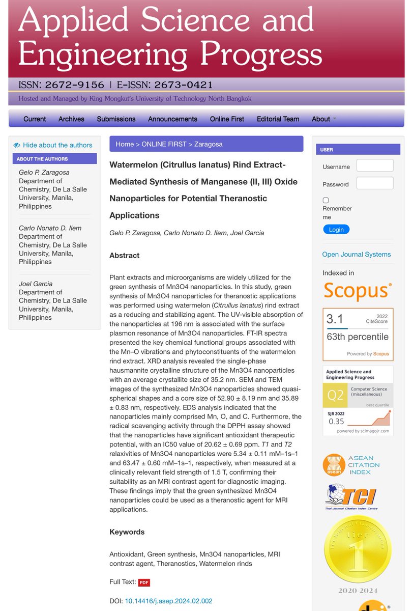 Hot off the press! In our latest paper, we report the contrast-enhancing ability and antioxidant properties of quasi-spherical manganese oxide nanoparticles prepared using green chemistry. 

ojs.kmutnb.ac.th/index.php/ijst…