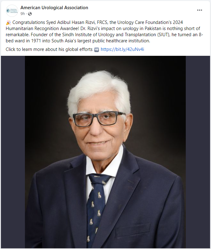 Our Director, Professor Adibul Hasan Rizvi has been awarded the 2024 Humanitarian Recognition Award by the @UrologyCareFdn of @AmerUrological for his outstanding contributions to humanity through his clinical work. Congratulations. God bless you, Sir! @SIUTOrg @SiutNAmerica