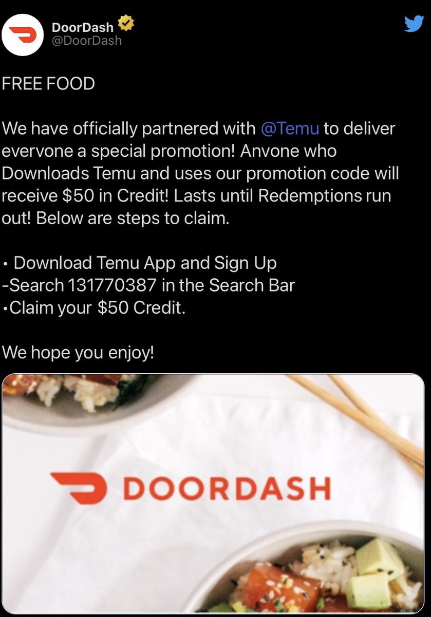 woldowo's tweet photo. Retweet so everyone eat
FREE DOORDASH🍔🍟🥤
they deleted tweet it still works https://t.co/Cqf4zysZzH